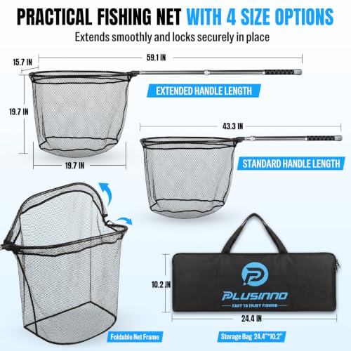 PLUSINNO Large Fishing Net, 3.4-7.7 FT Carbon Fiber Fish Net with Long Telescoping Handle, Kayak Fishing Gear Accessories Foldable Landing Net for Bass, Trout, Catfish, Fishing Gifts for Men Father - size: 4.9 FT (59.1") Full Length