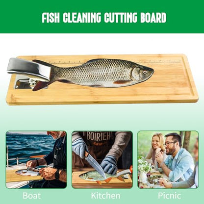 18" Bamboo Fish Cleaning Board Kit Anti-slip Fish Cutting Board Set Fish Filet Board with Scale Fish Measure Board Include Fish Fillet Knife, Clamp, Sharpener,Gloves, Fisherman Gifts
