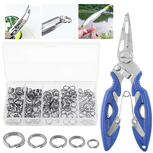 201 Pcs Stainless Steel Fishing Split Rings 5 Sizes Double High Strength Lure Tackle Connector kit with Fishing Pliers Fish Hook Remover Fishing Tackle for Freshwater and Saltwater