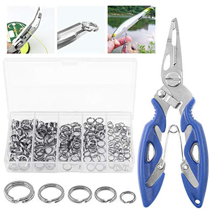 201 Pcs Stainless Steel Fishing Split Rings 5 Sizes Double High Strength Lure Tackle Connector kit with Fishing Pliers Fish Hook Remover Fishing Tackle for Freshwater and Saltwater