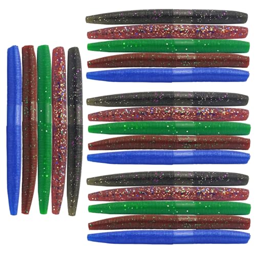 Senko Bait Soft Plastic Lures 20pcs - 4inch Wacky Rig Worms for Bass Fishing, 5-Color Mix Soft Stick Baits for Wacky & Carolina Rig Fishing