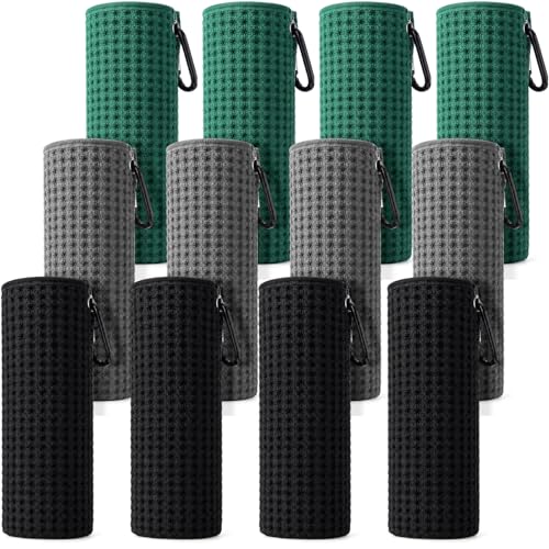 Breling 12 Pack Fishing Towels with Clip, 16'' x 16'' Microfiber Waffle Weave Fish Bait Towel Quick Dry Absorbent Rag for Cleaning Boat Kayak Accessory Camping Hiking (Black Grey Green) - color: Black Grey Green