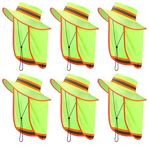 6 Pcs Reflective Safety Hat High Visibility Neck Flap Boonie Hat Wide Brim Work Hats Breathable Bucket Cap for Worker - color: Yellow