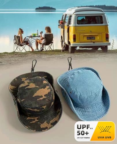 Men's Bucket Hat Camo Outdoor Sun Protection, Breathable Quick-Dry Fishing Gardening Hiking Hat ,UPF50+ Cotton Wide Brim - color: Blue
