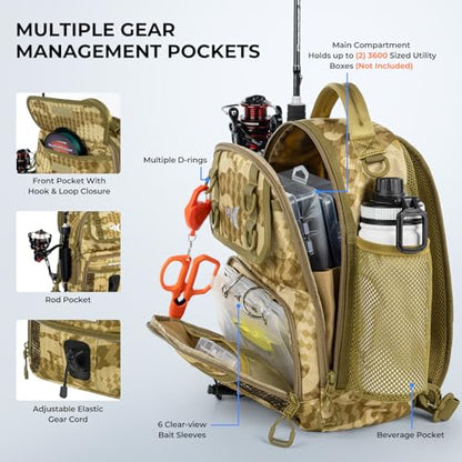 KastKing BaitSpace Fishing Sling Bag, Fishing Backpack with Rod & Beverage Holder, Tackle Bag for Fishing Gear - color: C: Khaki Camo, size: Standard
