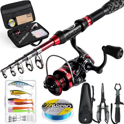 Ghosthorn Fishing Rod and Reel Combo Collapsible Fishing Pole Telescopic Fishing Rod Combo Travel Portable Fishing Set Carbon Fiber with Carrier Bag for Saltwater Freshwater - size: 1.8m/6ft, style: Full Kit With Fishing Tools