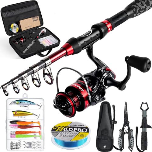 Ghosthorn Fishing Rod and Reel Combo Collapsible Fishing Pole Telescopic Fishing Rod Combo Travel Portable Fishing Set Carbon Fiber with Carrier Bag for Saltwater Freshwater - size: 2.1m/7ft, style: Full Kit With Fishing Tools