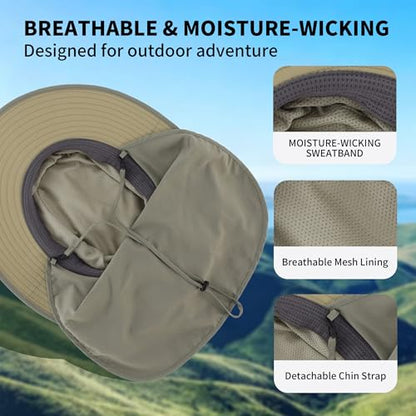 Connectyle Wide Brim Sun Hat for Men Women UPF 50+ Breathable Fishing Hat with Neck Flap Outdoor Hiking Safari Bucket Hats - color: Light Khaki Green