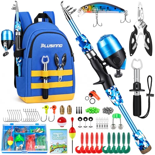 PLUSINNO Kids Fishing Pole, Telescopic Fishing Rod and Reel Combo, Fishing Gear Kit with Backpack, Tackle Box, Spincast Reel, Youth Toddler Fishing Poles for Boys Girls Age 3-5 5-10 - size: 4.92 ft