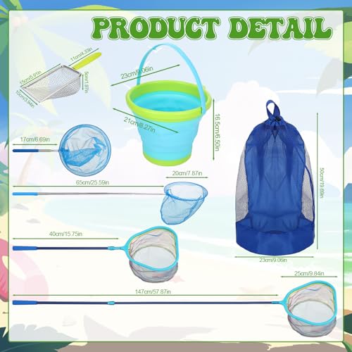 2 Pack Telescopic Kids Fishing Net with Handle, 2 Collapsible Bucket Sand Pail, Stainless Steel Foldable Fishing Net Small Fishing Butterfly Bug Net Beach Shovel with Storage Bag - color: Blue Yellow Green