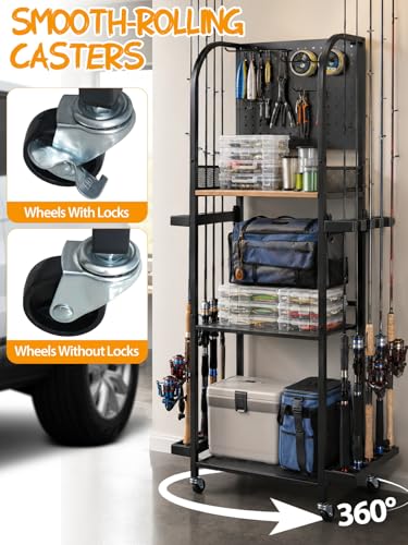 Fishing Rod Holders for Garage, Fishing Rod Rack Holds Up to 12 Rods, Rolling Fishing Pole Storage Organizer with Pegboard, Hooks & Wheels, Fishing Gear Organizer for Tackle Boxes, Reels & Accessories