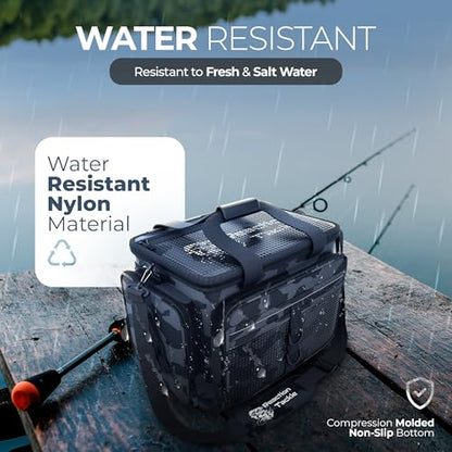Reaction Tackle Camo Fishing Tackle Bag, Water Resistant Soft Tackle Storage Bag with Removable Dividers for 3600 and 3700 Trays