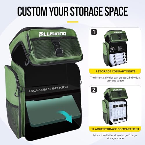 PLUSINNO Fishing Backpack with Rod Holders 4 Tackle Boxes, 42L Large Water-Resistant Fish Tackle Bag Store Fishing Gear, Camping, Hiking Gifts for Men Father, Green - color: Green