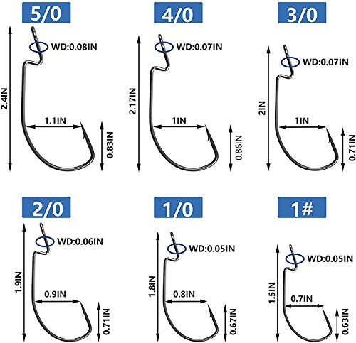 Bass Fishing Hooks 3X Strong Offset EWG Worm Hooks Jigs for Soft Plastic Bait Bass Trout Texas Rig 1-5/0 - size: 150PCS-5/0
