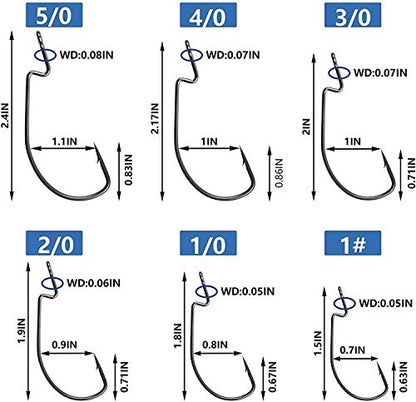 Bass Fishing Hooks 3X Strong Offset EWG Worm Hooks Jigs for Soft Plastic Bait Bass Trout Texas Rig 1-5/0 - size: 150PCS-5/0
