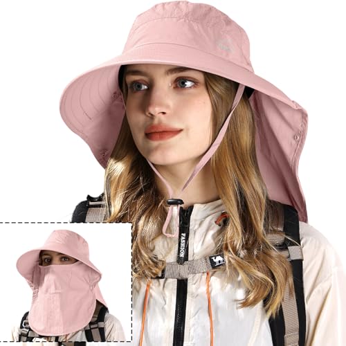 Rosoz Sun Hat for Men Women with Neck Flap,Wide Brim UPF50+ Fishing Hat with Detachable Face Cover Outdoor Sun Protection Hat - color: 1pack-pink