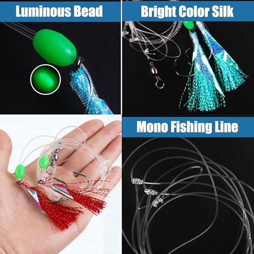 Fishing Bait Rig Set,4/10 Packs Saltwater Fishing Rigs with Sharp Circle Hooks/Barrel Swivels/Mono Leader/Glow Bead Flounder Bottom Fish Rigs for Sea Trout Rockfish - size: 10 Packs