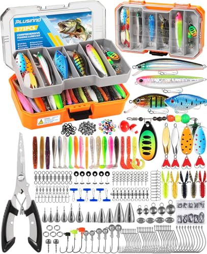 PLUSINNO Fishing Lures Tackle Box Gear Kit with Tackle Included, 373 PCS | Waterproof, Compact & Customizable, for Bass Trout, Freshwater Topwater, 16 Rigs, Fishing Gifts for Men Starter - color: Orange 373 PCS Lures Box