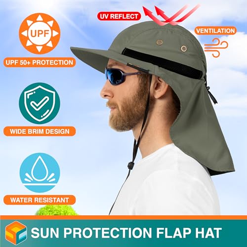 SUN CUBE UPF50+ Sun Hat for Men Women with Neck Flap, Wide Brim UV Protection Fishing Safari Hat for Hiking Beach Gardening - color: Olive