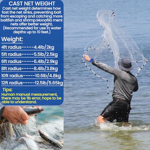 Fishing Cast Net Saltwater Casting Net 3/8 Mesh with Heavy Duty Black Weights Monofilament Throw Nets for Fishing Bait with Bag 4FT 5FT 6FT 8FT 10FT 12FT Radius - size: 3/8 Mesh, 8Ft
