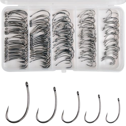 175pcs Barbless Fishing Hook Kits,Small Size Carp Fishing Hooks Curve Shank Crank and Wide Gape Fly Tying Hooks Circle Hook with Tackle Box Size 2#,4#,6#,8#,10#