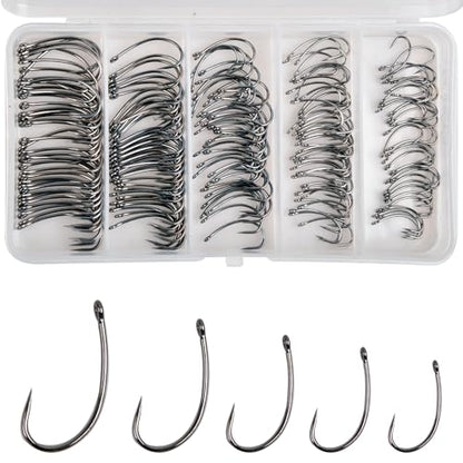 175pcs Barbless Fishing Hook Kits,Small Size Carp Fishing Hooks Curve Shank Crank and Wide Gape Fly Tying Hooks Circle Hook with Tackle Box Size 2#,4#,6#,8#,10#