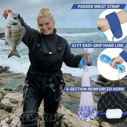Yeahmart Handmade American Cast Net, 3ft-8ft Radius Casting Net for Saltwater & Freshwater, 3/8 Inch Mesh Monofilament Bait Trap Rust-Proof PVC Coated Sinkers, Easy Throw, Bucket & Repair Kit Included - size: 3ft Radius