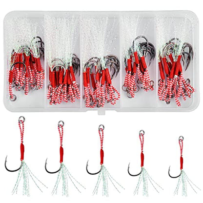 Fishing Assist Hooks Kit, 60pcs Stinger Jigging Assist Hooks Slow Pitch Jig Fishing Hooks Saltwater with Mylar Flash Teasers PE Line for Vertical Jigging Lures