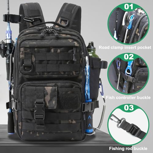 Fishing Backpack Fishing Tackle Storage Bag Fishing Gear and Equipment with Rod Holder Fishing Tackle Shoulder Sling Bag Backpack for Outdoor Fishing, Hunting, Hiking (Black) - color: Black