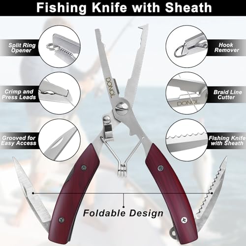 DONQL 4pcs 6in Fishing Pliers Tools Kit, Fishing Pliers Hook Remover, Fishing Scissors Line Cutter, Saltwater Resistant Fishing Gear with Lanyard, Multifunctional Fishing Hook Remover Gifts - color: Red