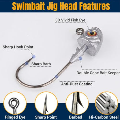 3D Eyes Bass Jig Heads for Fishing, 15Pcs Finesse Swimbait Jig Head with Cone Bait Keeper Lifelike Minnow Style Jigheads Saltwater&Freshwater 1/8 3/16 1/4 3/8 1/2oz - size: 1/2oz-4/0, 15Pcs