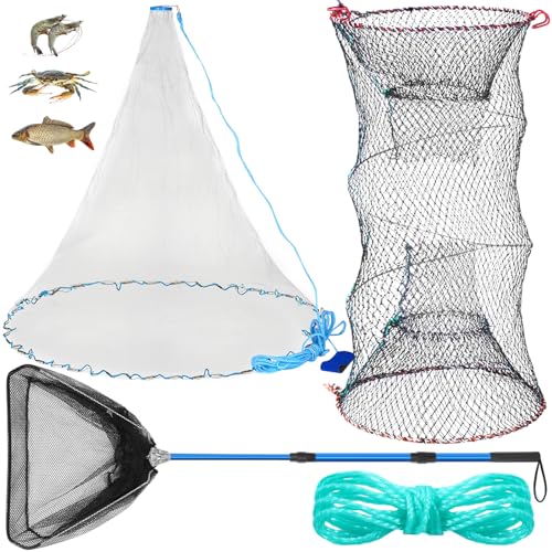 Windyun 3 Pcs Fishing Cast Net with Heavy Duty Sinker Portable Folded Lobster Crab Trap Fishing Net with Long Robust Telescopic Handle Freshwater Saltwater Bait Fishing Accessories - size: 6 Ft