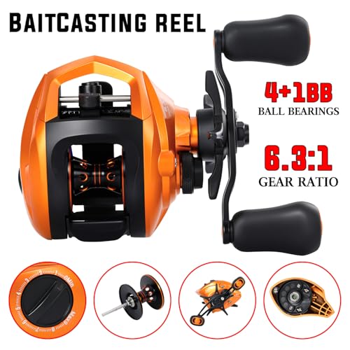 Sougayilang Baitcasting Fishing Reel, 8:1 High Speed Gear Ratio Super Smooth and Powerful Low Profile Baitcaster Reel with Maganic Brake System for Freshwater,Saltwater - color: Orange-Left Hand