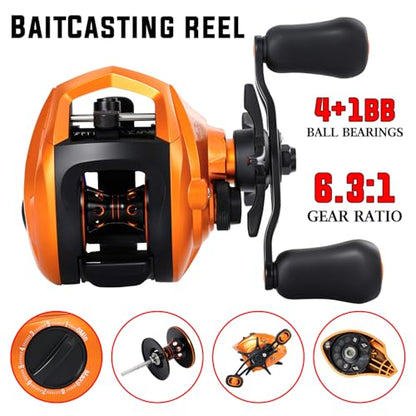 Sougayilang Baitcasting Fishing Reel, 8:1 High Speed Gear Ratio Super Smooth and Powerful Low Profile Baitcaster Reel with Maganic Brake System for Freshwater,Saltwater - color: Orange-Left Hand