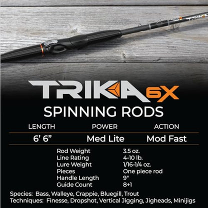 TRIKA 6X Spinning/Casting Carbon Rod Carbon Weave Rod for Extra Sensitive Vibration | Longer Casting | Lightweight Freshwater Fishing Pole - style: Spinning 6'6" Medium Lite/Mod Fast 1pc.