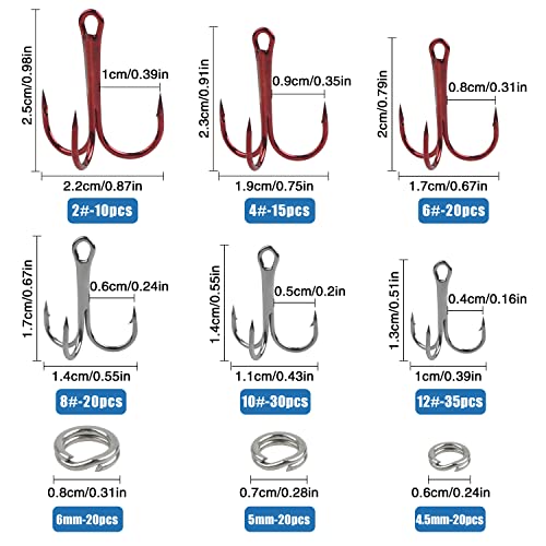Fishing Treble Hooks Kit,190pcs High Carbon Steel Strong Sharp Treble Hooks Round Bend with Split Rings Triple Hook for Lures Baits Saltwater Freshwater Fishing Gear - color: Red Mixed
