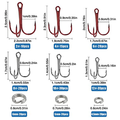 Fishing Treble Hooks Kit,190pcs High Carbon Steel Strong Sharp Treble Hooks Round Bend with Split Rings Triple Hook for Lures Baits Saltwater Freshwater Fishing Gear - color: Red Mixed