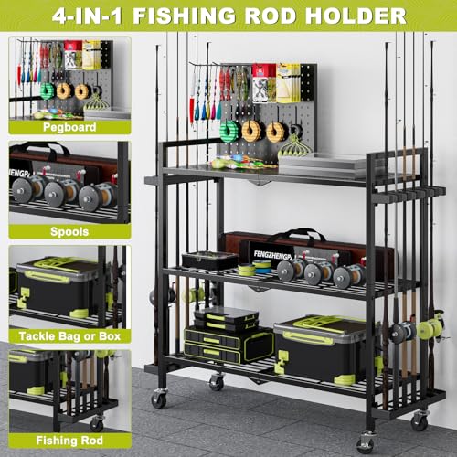 Fishing Rod Holders for Garage, Fishing Rod Stand with Wheels and Pegboard, 3-Tier Pole Storage Rack with 8 Hooks and 12 Rod Slots, Ideal for Tackle, Backpacks, and Gear - color: Black