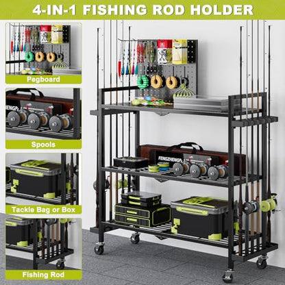 Fishing Rod Holders for Garage, Fishing Rod Stand with Wheels and Pegboard, 3-Tier Pole Storage Rack with 8 Hooks and 12 Rod Slots, Ideal for Tackle, Backpacks, and Gear - color: Black