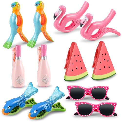 12 Pack Towel Clips for Beach Chairs, Durable and Jumbo Size Flamingo Parrot Towel Clips, Portable Cute Creative Beach Towel Clip for Beach Chairs Cruise Patio Pool or Daily Use - style: Parrot+Flamingo+Champagne+Watermelon+Fish+Sunglasses