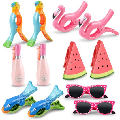 12 Pack Towel Clips for Beach Chairs, Durable and Jumbo Size Flamingo Parrot Towel Clips, Portable Cute Creative Beach Towel Clip for Beach Chairs Cruise Patio Pool or Daily Use - style: Parrot+Flamingo+Champagne+Watermelon+Fish+Sunglasses