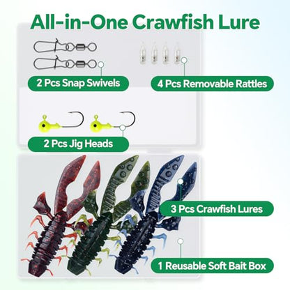 Crawfish Lure 5.5", Soft Plastic Crawdad Creature Bait with Rattles, Weedless Bass Fishing Lure, Realistic Fishing Lures for Freshwater & Saltwater, 3 Pack Red Green Blue - color: Red, Blue, Green (box)