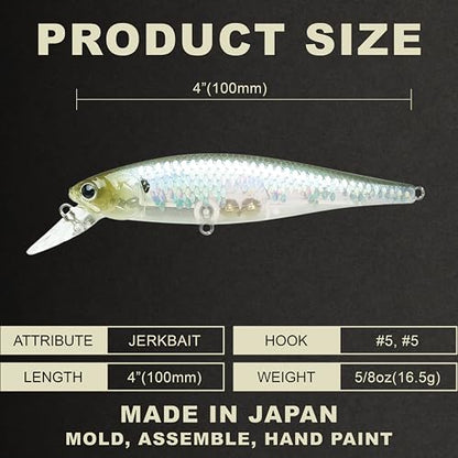 LUCKY CRAFT Pointer 100SP, Jerkbait Side by Side Action Tournament Winning Perfect Wobbling Freshwater Lake Bass Fishing Champion Bait - color: 272 MS Ghost Minnow