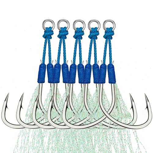 THKFISH Fishing Assist Hooks Saltwater Dancing Stinger Jigging Hooks Double Assist Replacement Fishing Hooks for Slow Pitch Jigs Vertical Jigging Lures 5pcs/15pcs/20pcs - color: blue, size: #4/0-15pcs