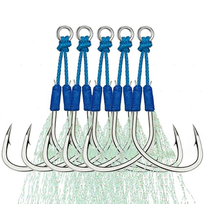 THKFISH Fishing Assist Hooks Saltwater Dancing Stinger Jigging Hooks Double Assist Replacement Fishing Hooks for Slow Pitch Jigs Vertical Jigging Lures 5pcs/15pcs/20pcs - color: blue, size: #4/0-15pcs