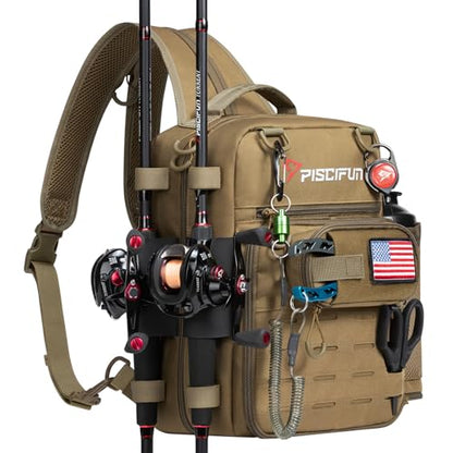 Piscifun Fishing Tackle Backpack, Convertible Sling or Waist Pack, 16-Pocket Storage Gear Bag with 2 Rod Holders & Rain Cover | 16 smart pockets, 2 rod holders, Rain cover, Breathable back support, Convertible sling/waist/backpack carry - color: Khaki