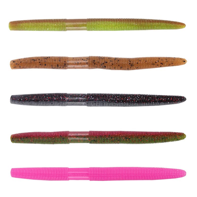 Soft Plastic Bass Fishing Lure 5.3" Senko Style Worms-Salt Impregnation, Ribbed Design Slow Sinking Swimbaits - color: 5 colors kit