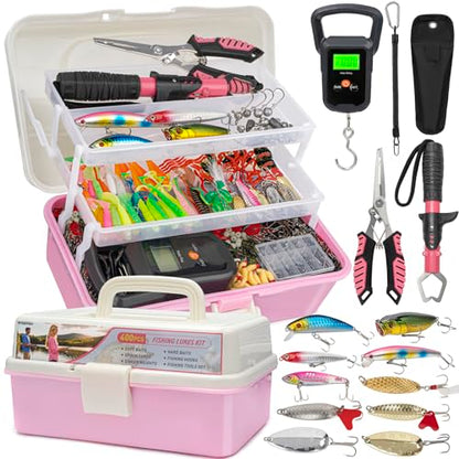 THKFISH 400PCS Fishing Lures Accessories Kit with Large 3-Layer Tackle Box Complete Freshwater Bass Fishing Gear Tools Set with Pliers, Fish Scale, Spinner bait, Hooks, Weights Sinkers, Gift for Women - color: Pink