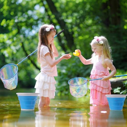 Telescopic Fishing Net with Bucket, Telescopic Fishing Landing Net, Lightweight Aluminum Pole Non Slip Handle for Catching Frogs Butterfly Fish Crab for Beach Stream Outdoor - color: Blue,Pink