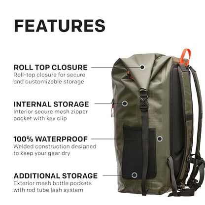 Grundéns Wayward Roll-Top Backpack – Fully Waterproof Fishing & Adventure Gear Pack, 38L, Deep Depths